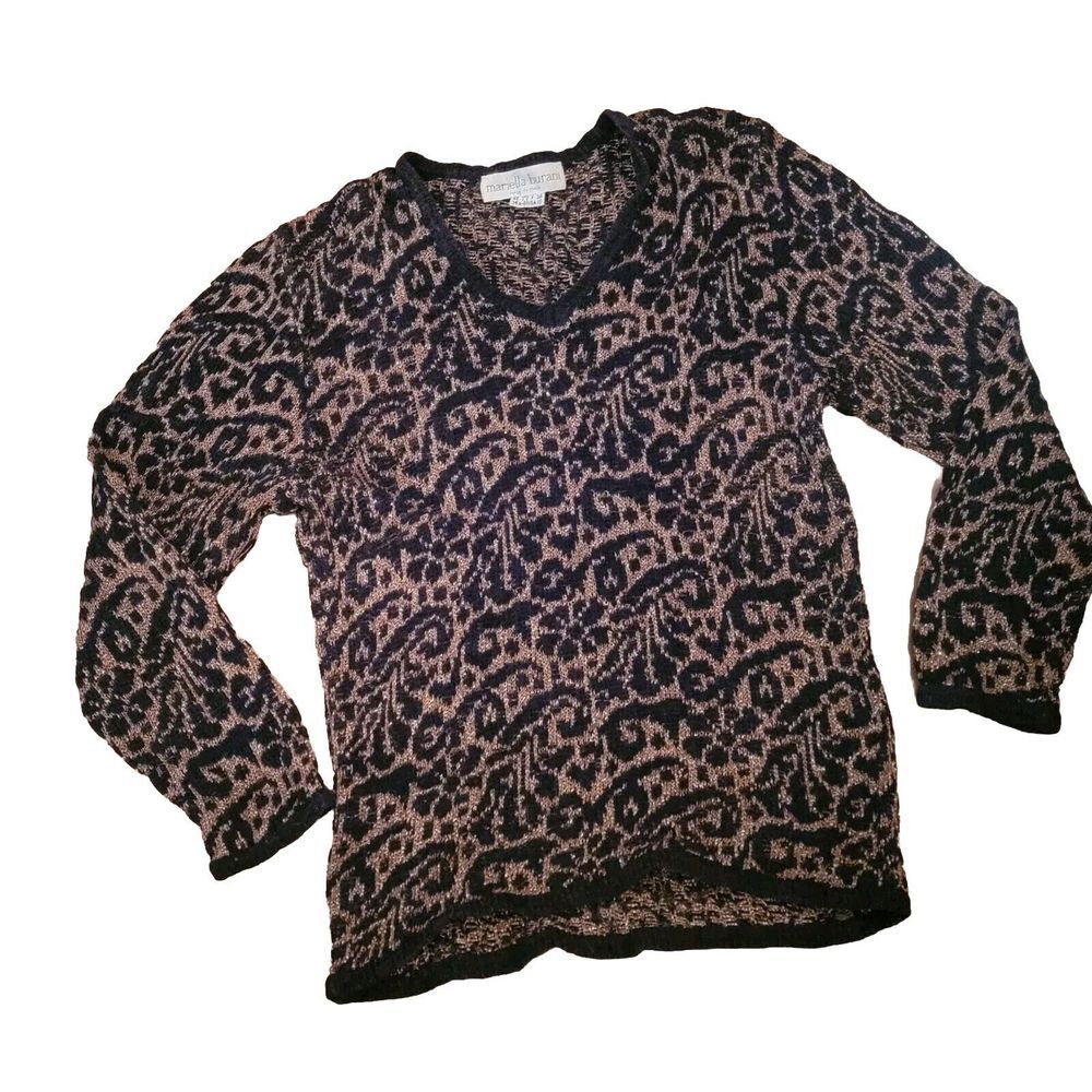 Mariella Burani Long Sleeve Gold Black Paisley Print Sparkly Top Italy‎ Size 10